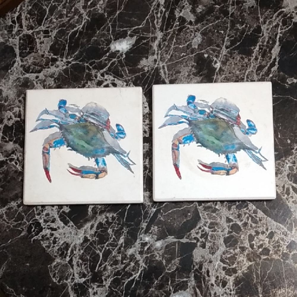 Artistic Crab Ceramic Tile Coasters - Blue and White